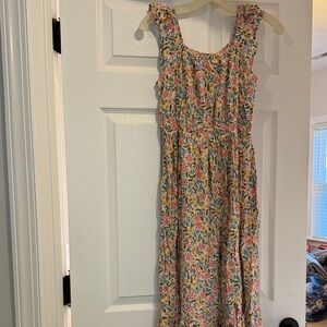 Girls Floral Sleeveless Smocked Waist Maxi Dress-Cream with Pink, Yellow & Green